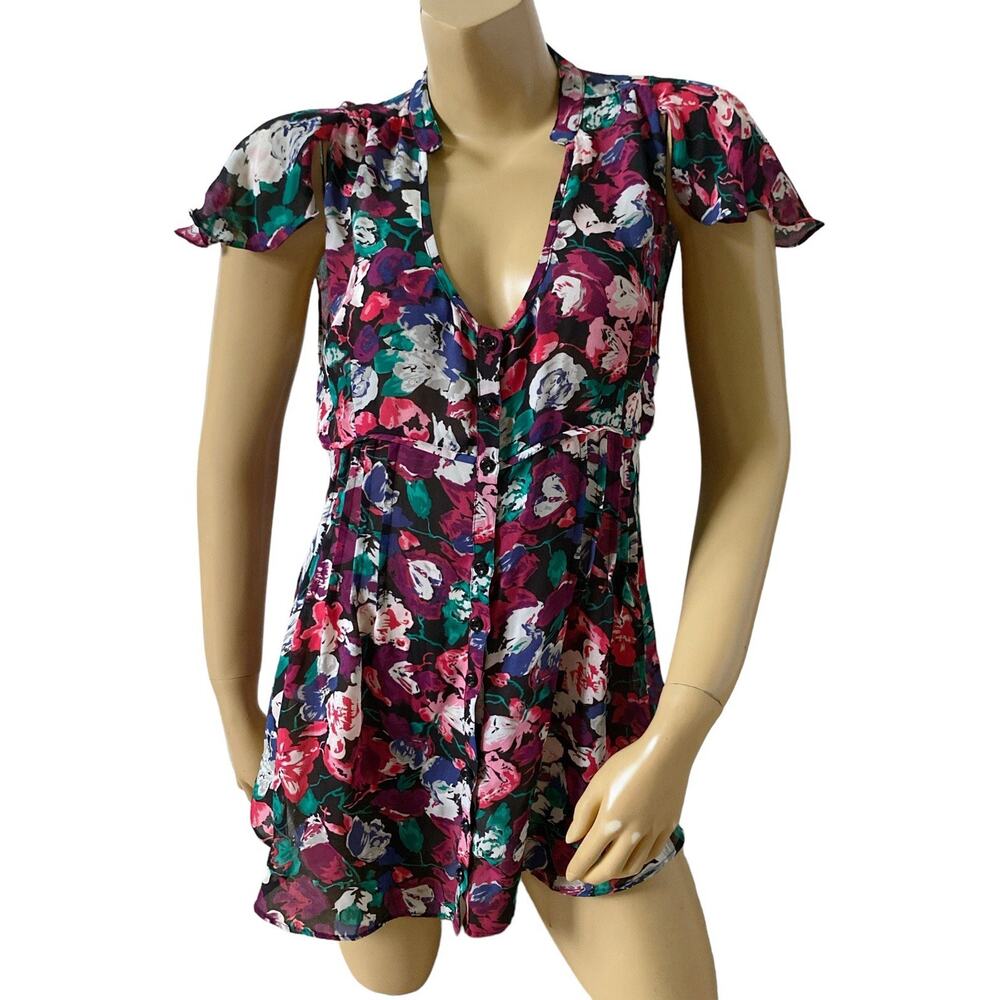 BCBGeneration Sheer Floral Tunic Blouse Womens 12 Flowy Boho Button Front Top
